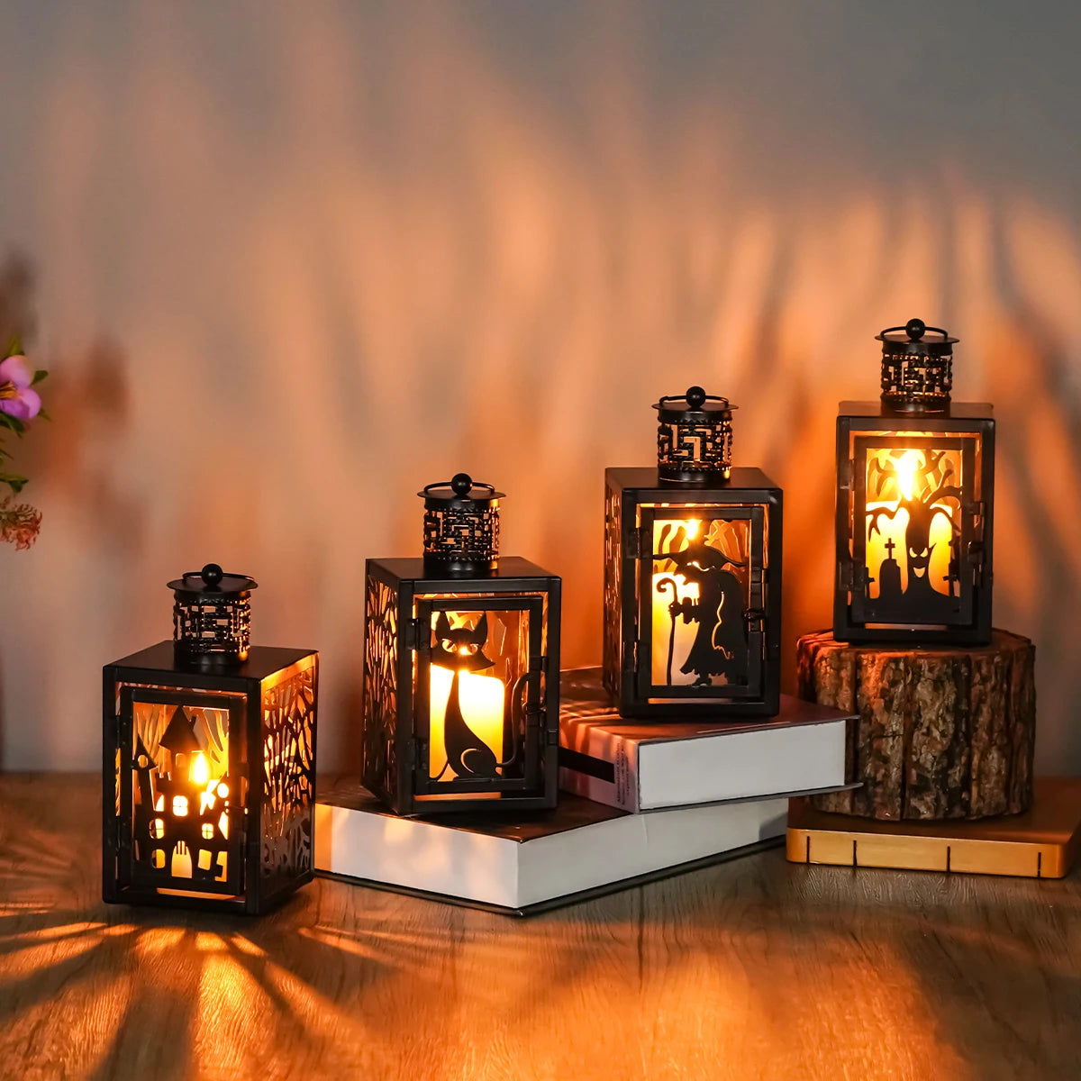 Halloween Iron Hollowed Lantern | Candle Lantern in Cat, Witch, Haunted House & Spooky Tree