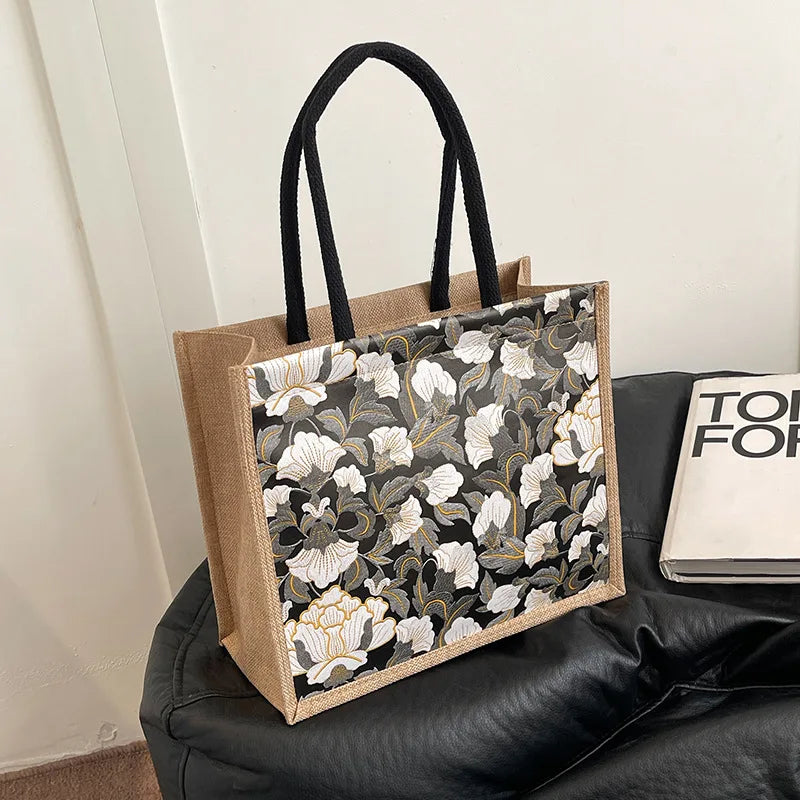 Floral Linen Tote Bag | Boho Bento Shoulder Bag for Women