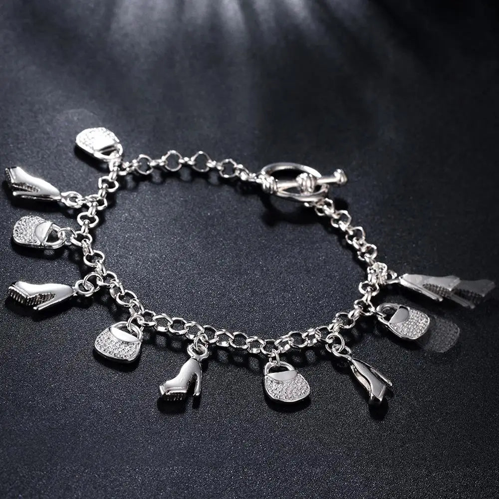925 Sterling Silver Shoes & Bags Charm Bracelet – Fashion Jewelry Gift for Women