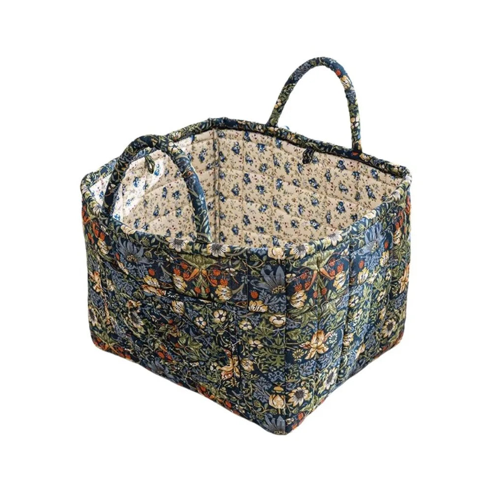 Quilted Floral Storage Basket — Collapsible Fabric Organizer Bag