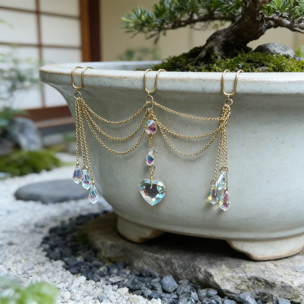 Crystal Heart Flower Pot Hanging Ornament | Boho Aurora Prism Plant Accessory