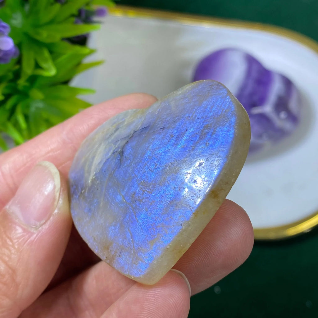 Blue Moonstone Heart Palm Stone | Hand-Carved · Love, Intuition & New Beginnings