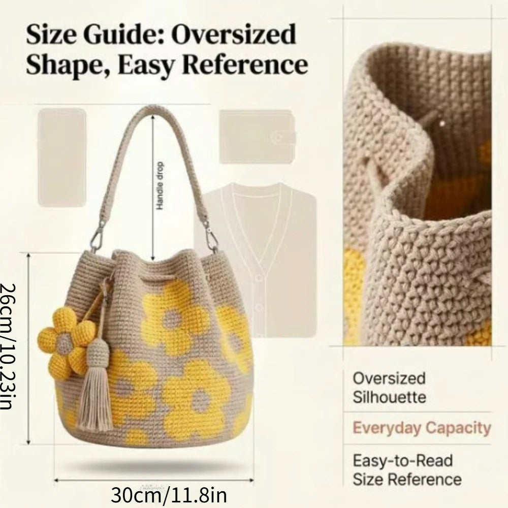 Boho Floral Crochet Bucket Bag | Handwoven Tassel Shoulder & Crossbody Purse in Blue or Yellow