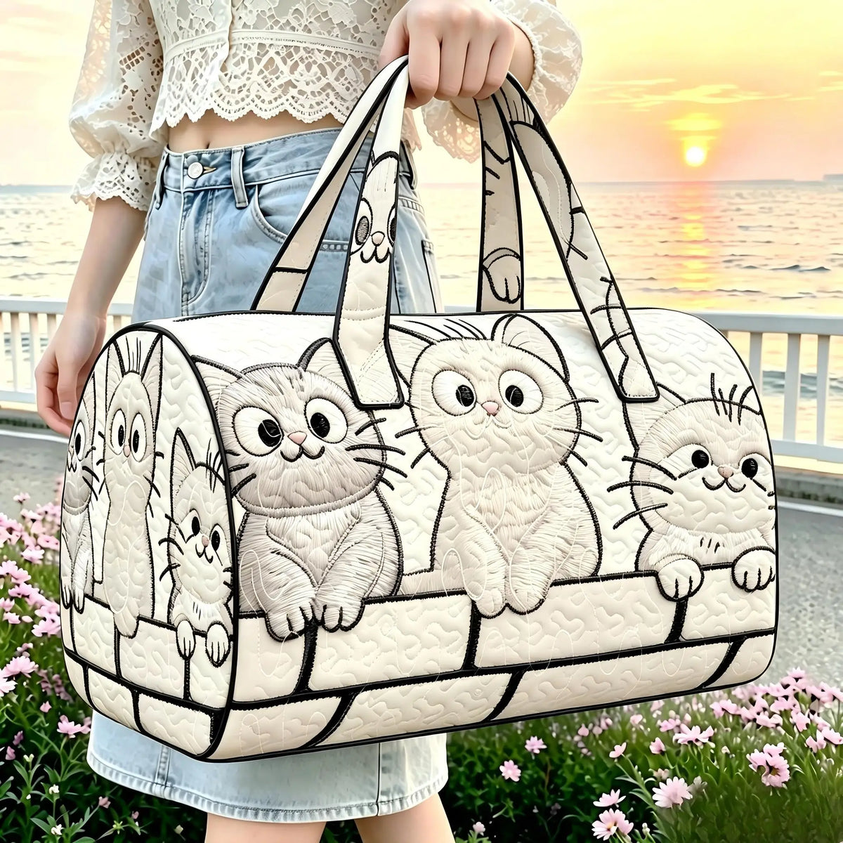 Cute Kitten Quilted Duffle Bag | Cat Embossed Travel & Gym Tote
