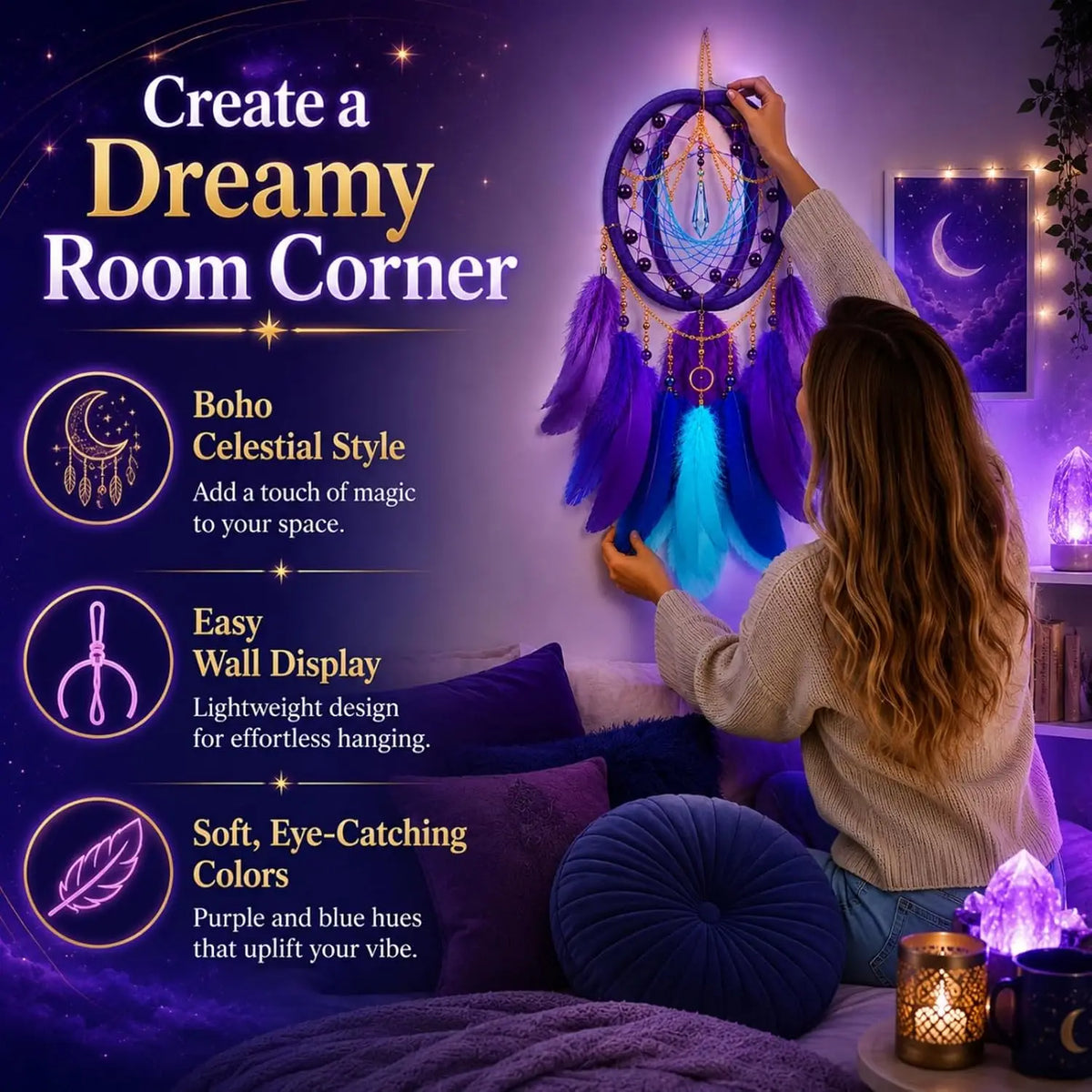 Crystal Dream Catcher | Purple Feather Sun Catcher Wall Decor