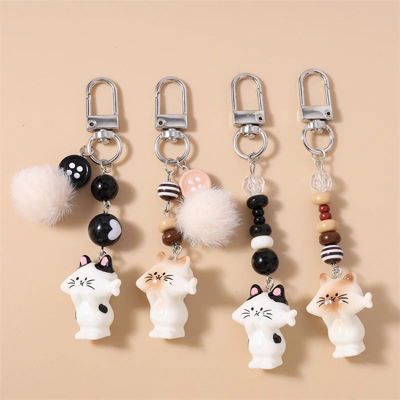 Handmade Cat Charm Keychain – Cute Animal Bead Keyring & Bag Pendant