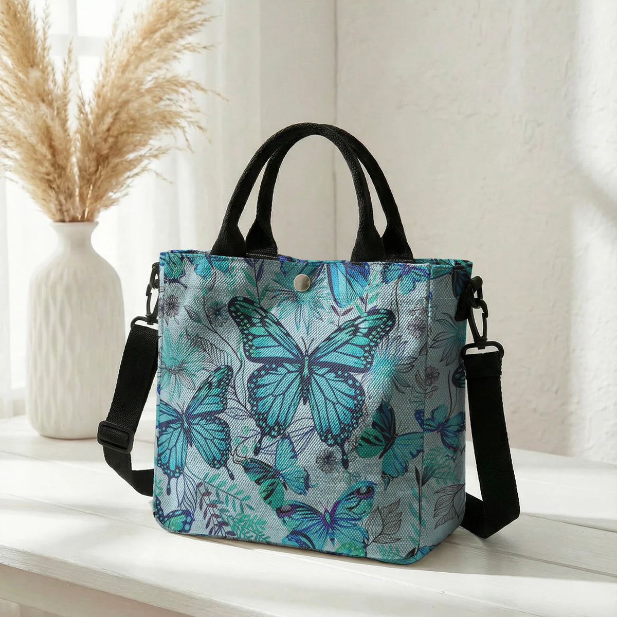 Butterfly & Daisy Floral Tote Bag with Crossbody Strap