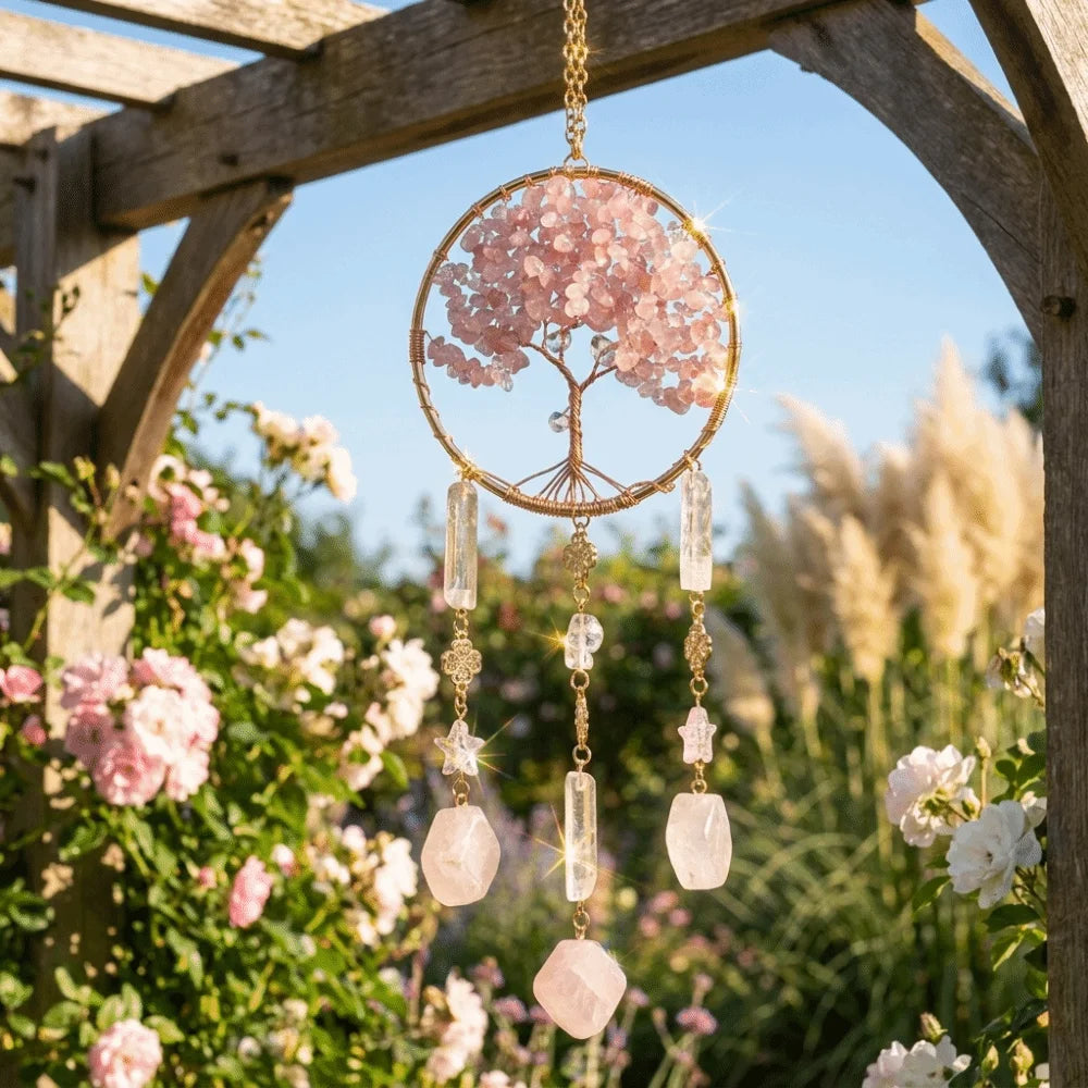Rose Quartz Tree of Life Suncatcher | Boho Window Hanging