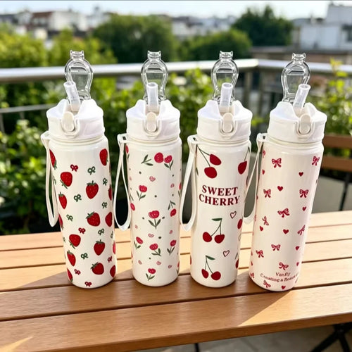 750ml Cute Floral Straw Cup | Strawberry Cherry Flower Bowknot Print