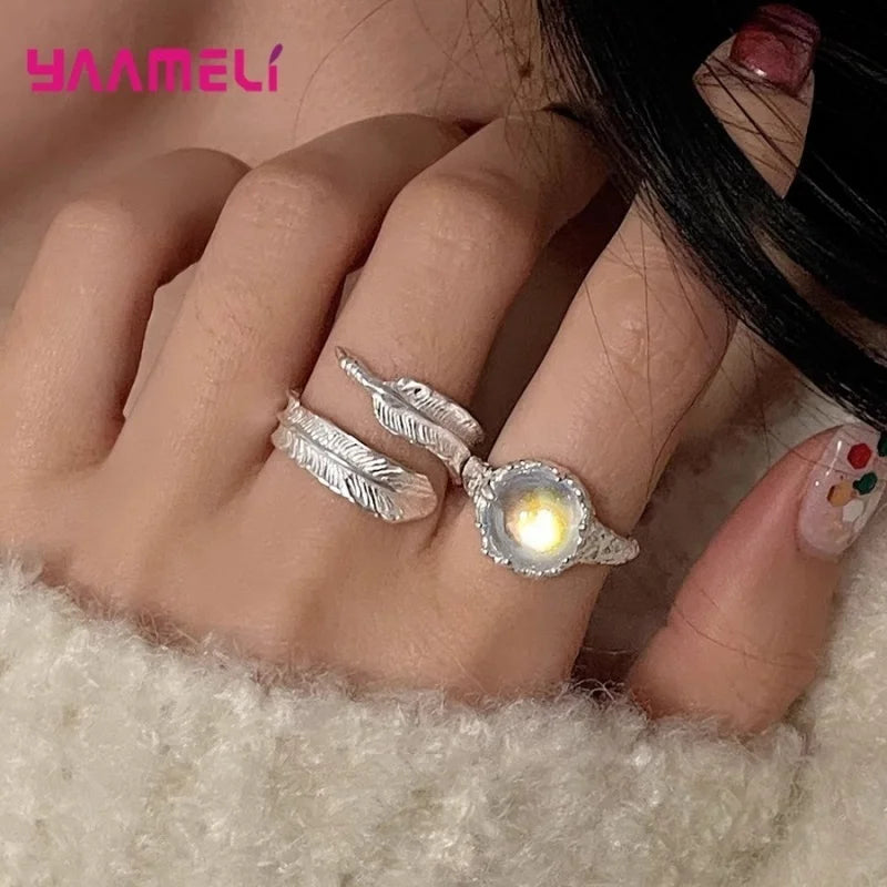 Moonstone Open Ring | 925 Sterling Silver | Resizable | Moonstone, Leaf & Set Options