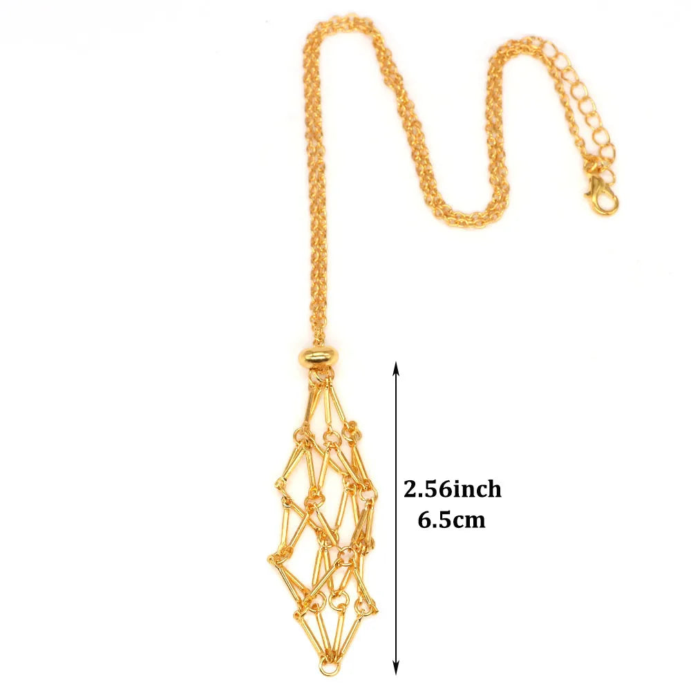 Crystal Cage Necklace Pendant — Adjustable Stone Holder Net in Silver, Gold & Black