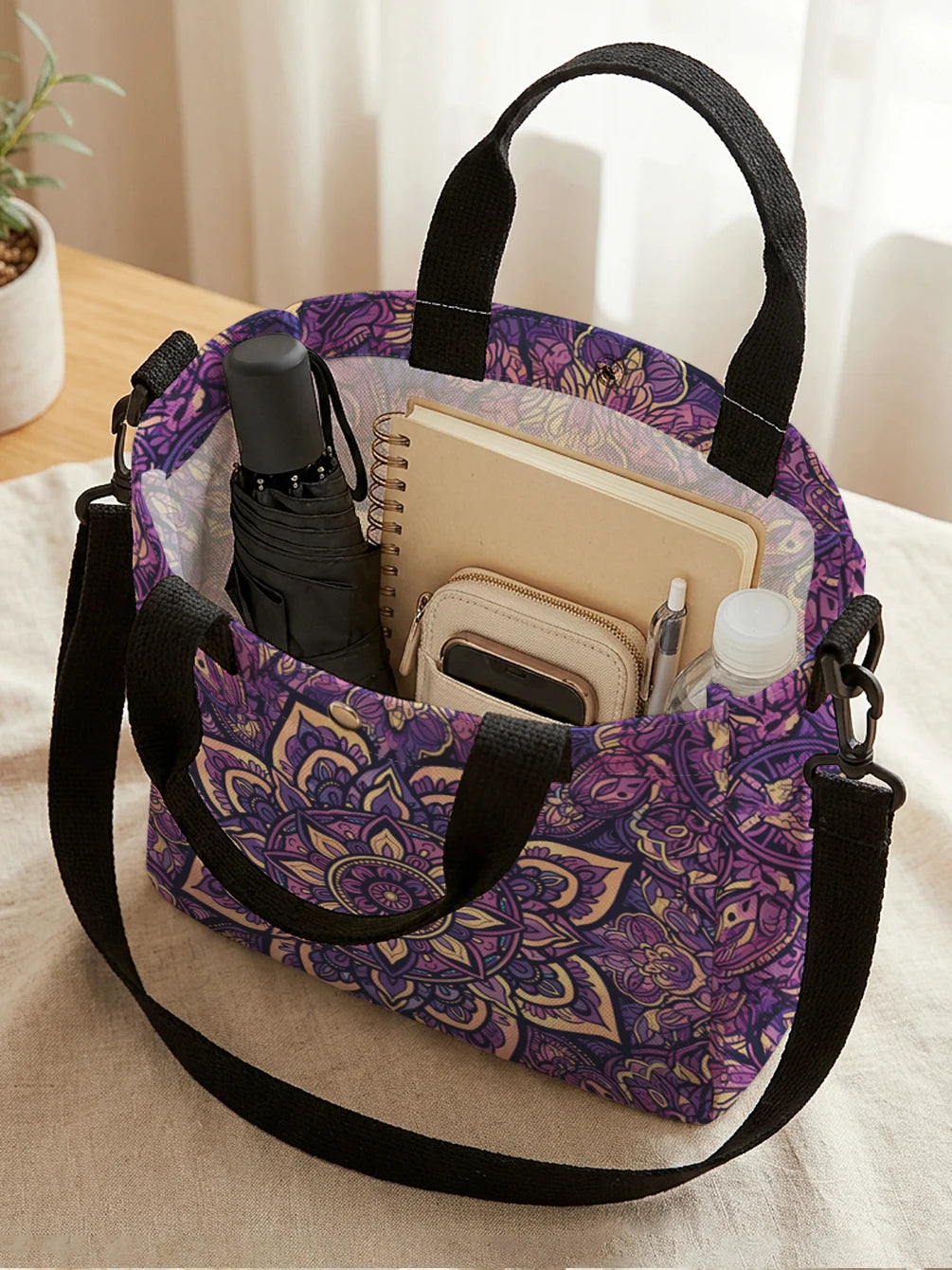 Purple & Gold Mandala Tote Bag with Detachable Strap