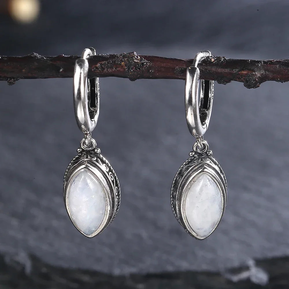 Natural Moonstone Drop Earrings | Silver Plated | Boho Ethnic Dangle