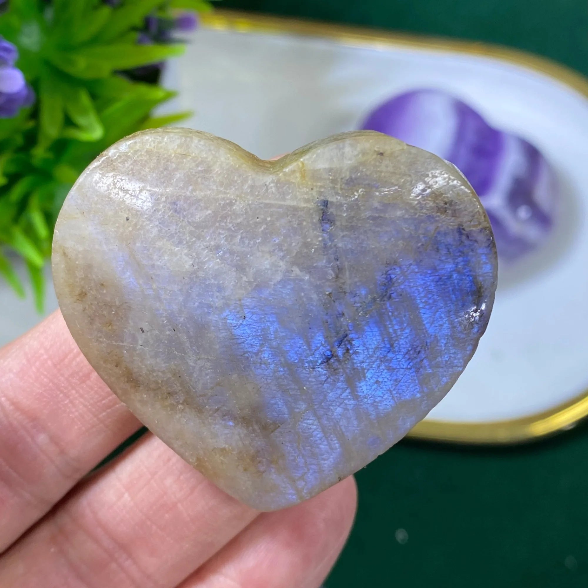 Blue Moonstone Heart Palm Stone | Hand-Carved · Love, Intuition & New Beginnings