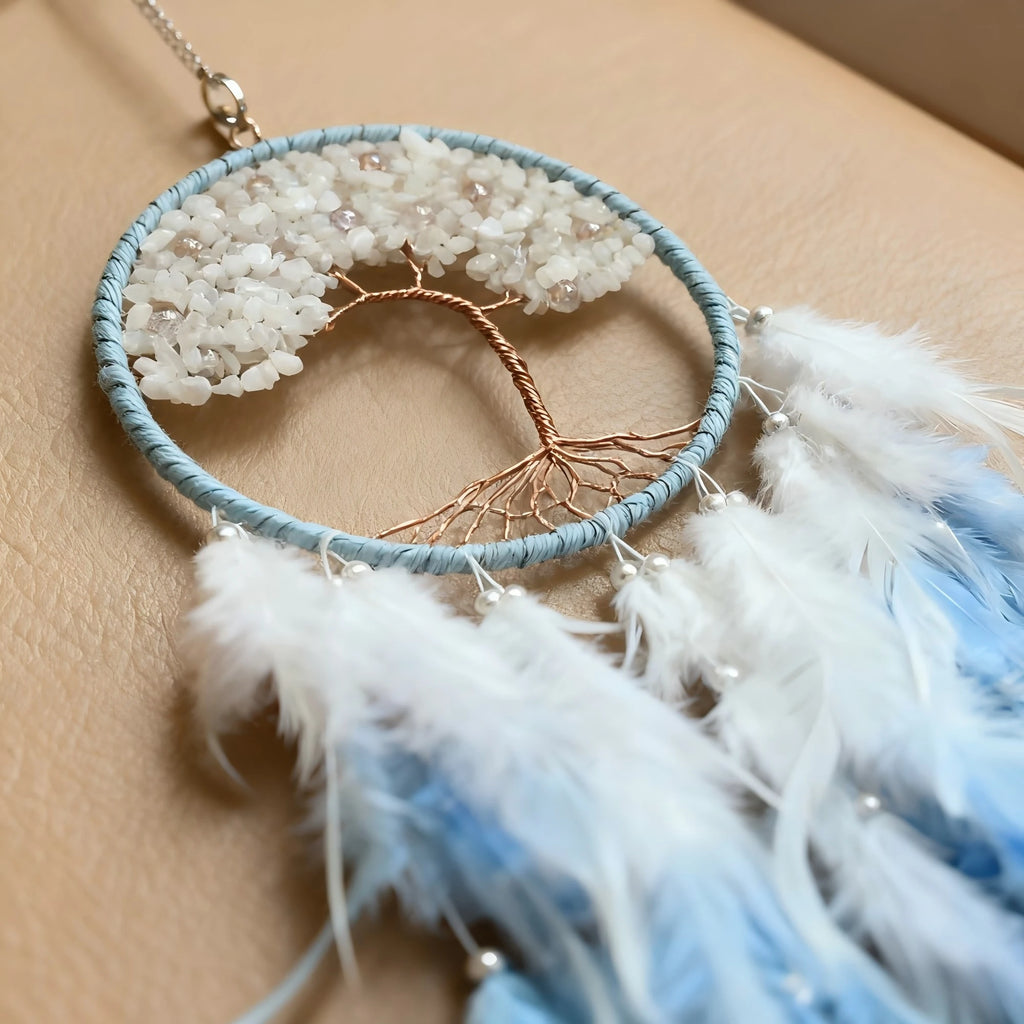 Crystal Tree of Life Dreamcatcher — Boho Feather Wall Hanging