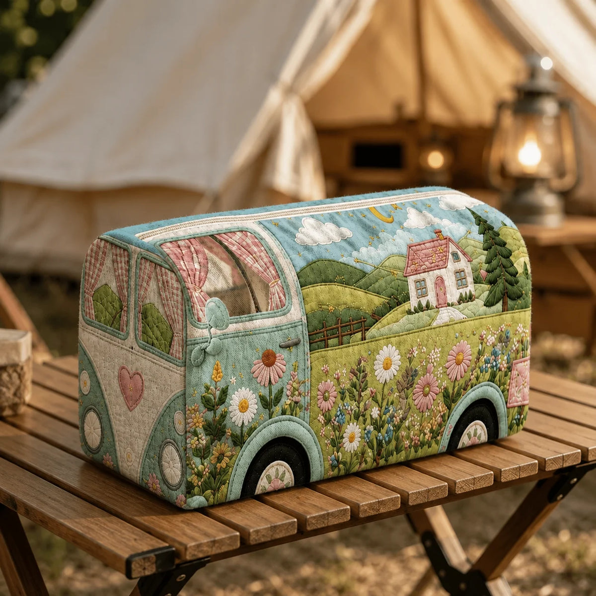 Vintage Camper Quilted Makeup Bag | Boho Floral Travel Pouch