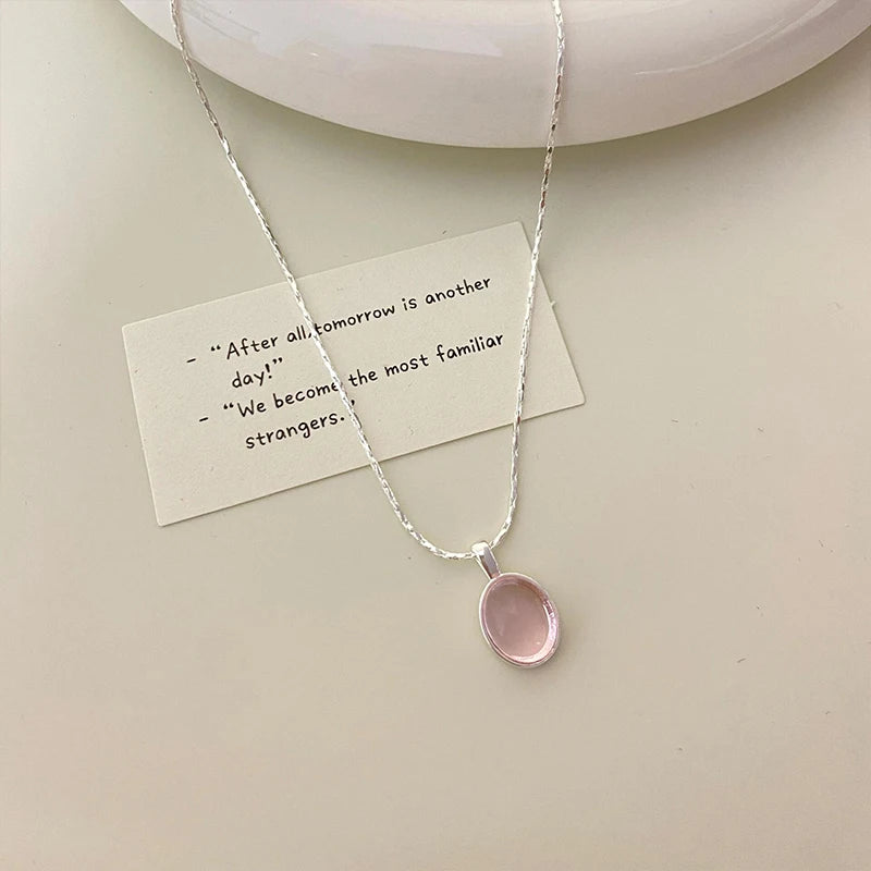Pink Crystal Zircon Pendant Necklace | 925 Sterling Silver | Oval Collarbone Chain