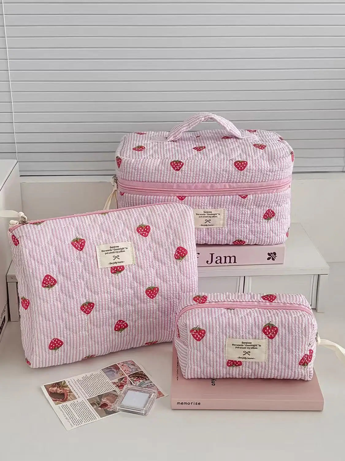 Pink Strawberry Quilted Toiletry Bag | Travel Cosmetic Organizer