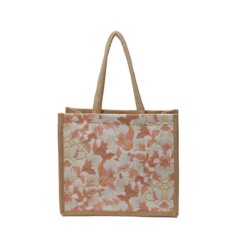 Floral Linen Tote Bag | Boho Bento Shoulder Bag for Women
