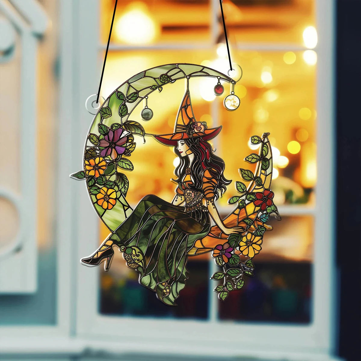 Halloween Witch & Crescent Moon 2D Acrylic Suncatcher | Boho Window Hanging Ornament