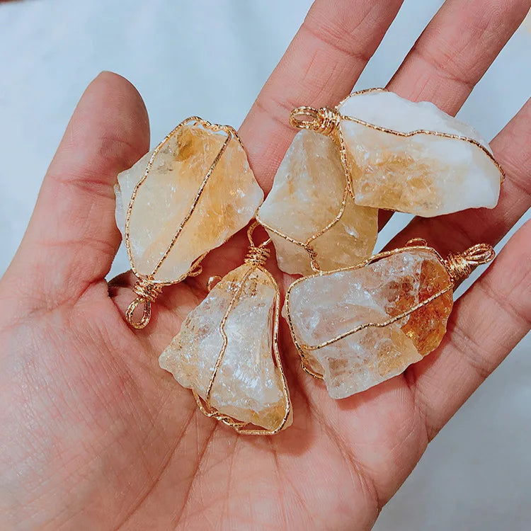 Natural Stone Crystal Pendant Necklace — Twisted Wire Wrap in Gold or Silver Tone