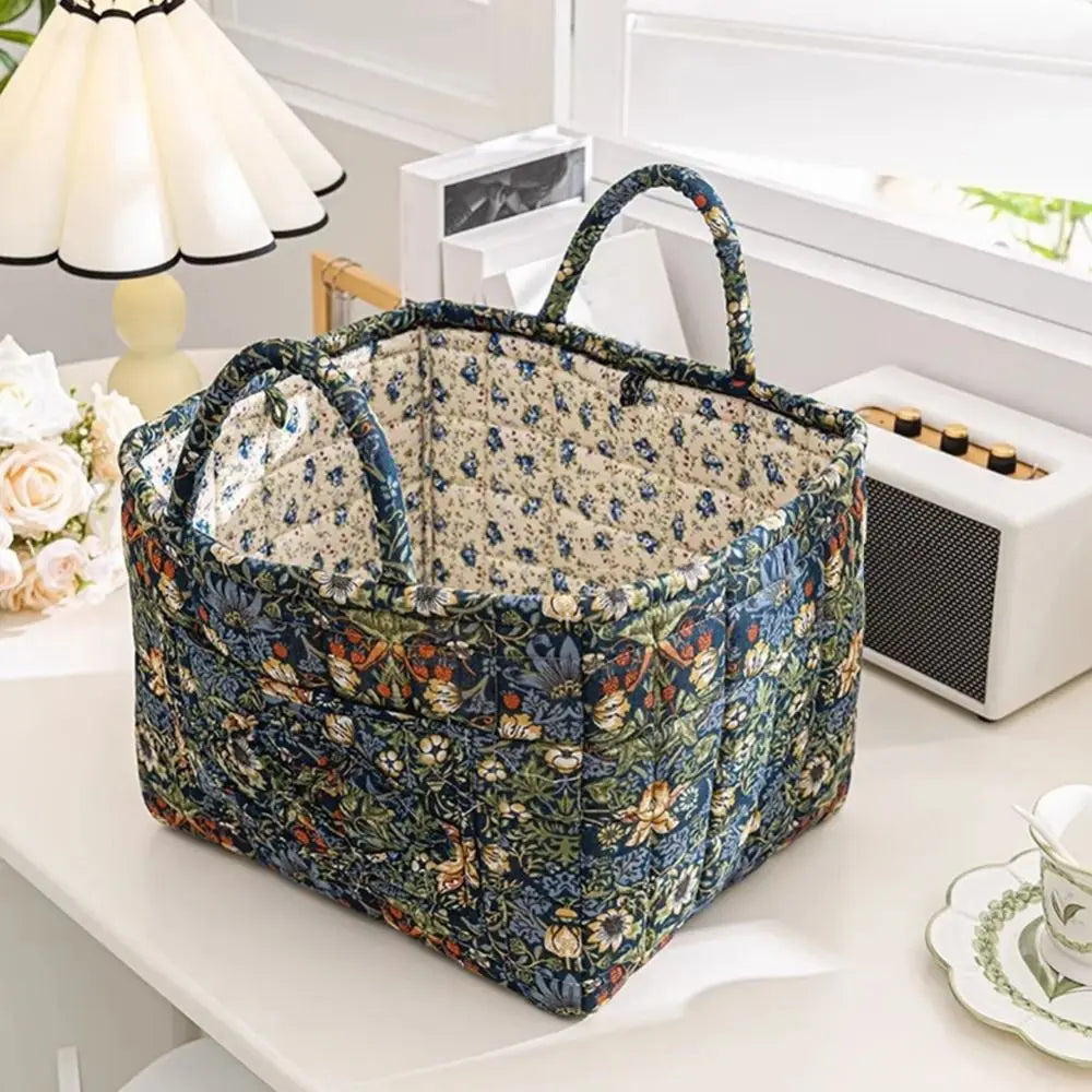 Quilted Floral Storage Basket — Collapsible Fabric Organizer Bag