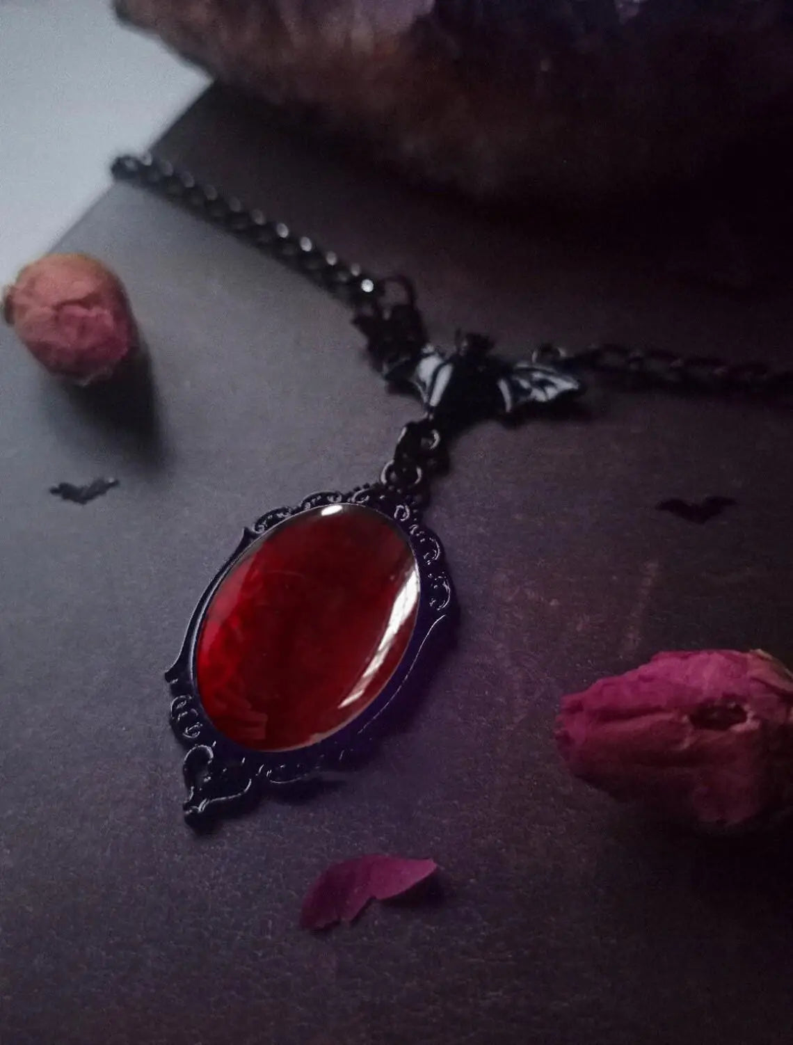 Vampire Bat Blood Cameo Pendant Necklace