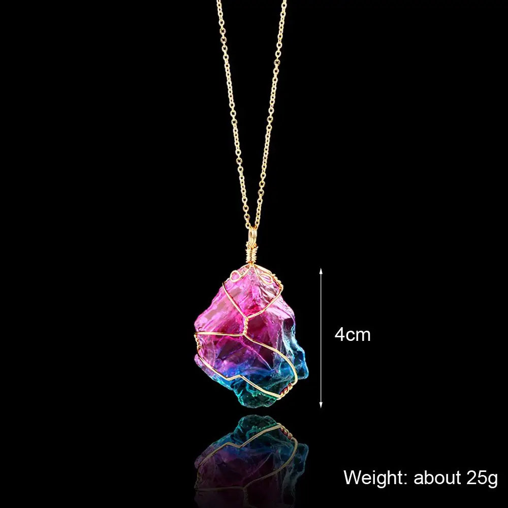 Natural Rainbow Stone Necklace — Wire-Wrapped Crystal Pendant Chakra Choker for Women
