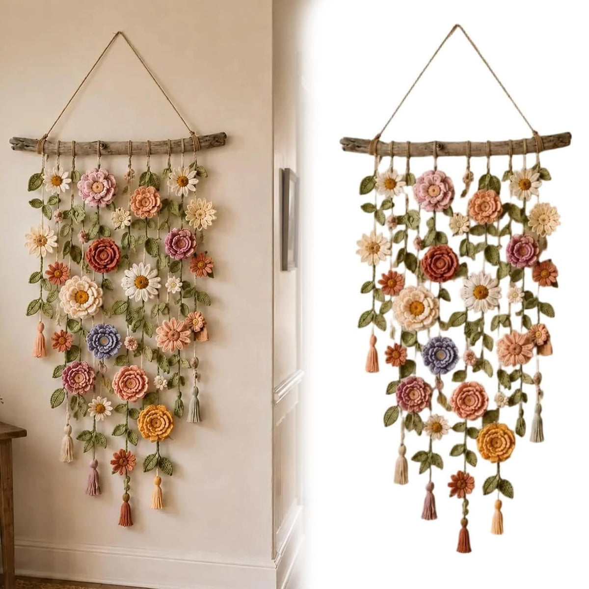 Boho Handmade Cotton Floral Crochet Vine Wall Hanging | Macrame Decor for Indoor & Porch