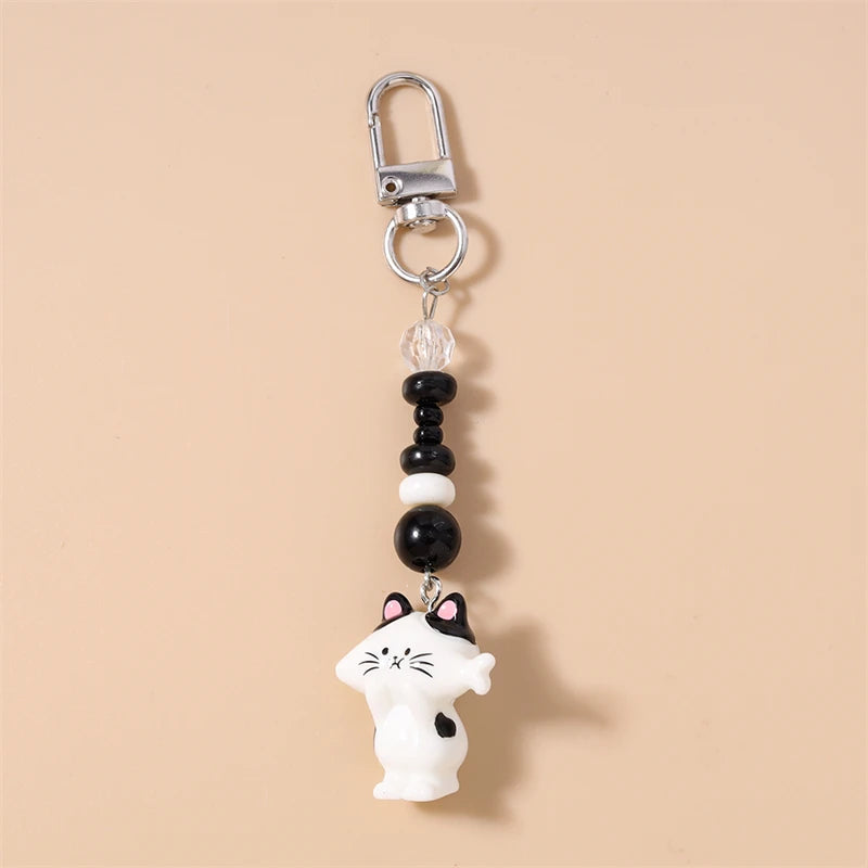 Handmade Cat Charm Keychain – Cute Animal Bead Keyring & Bag Pendant