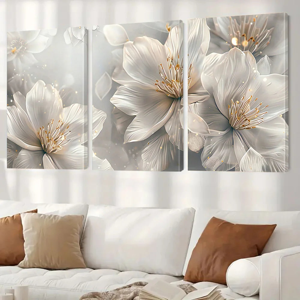 White Flower Canvas Wall Art — Set of 3 Abstract Floral Prints