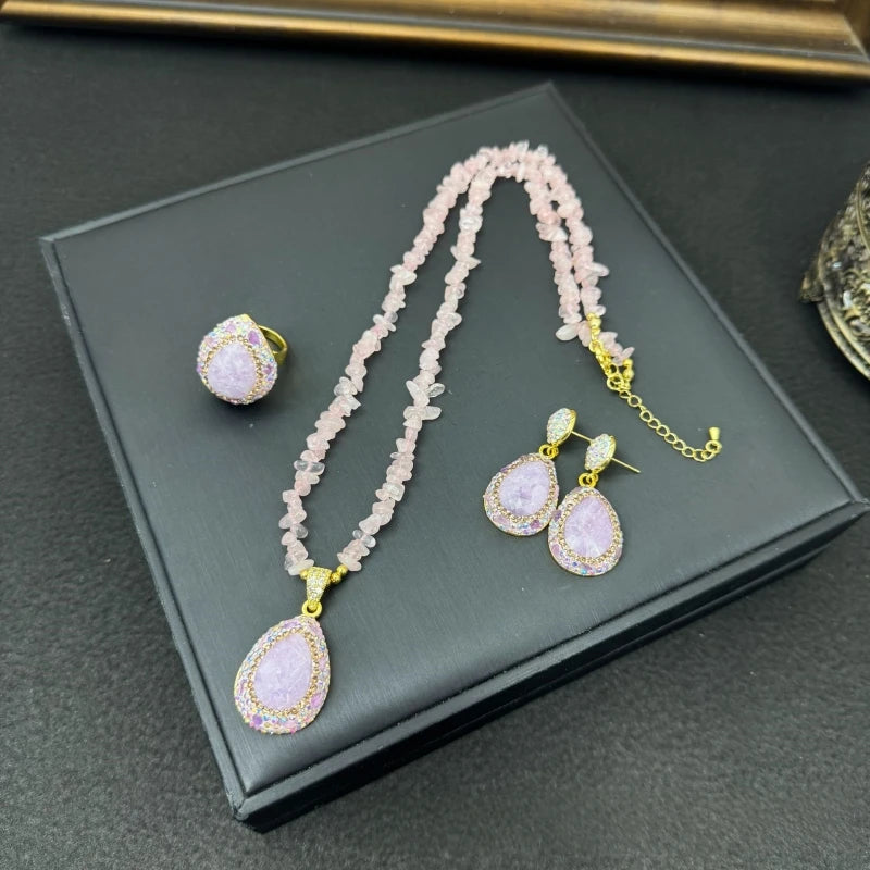 Natural Crystal Jewelry Set | Necklace, Ring & Earrings in Agate & Amethyst