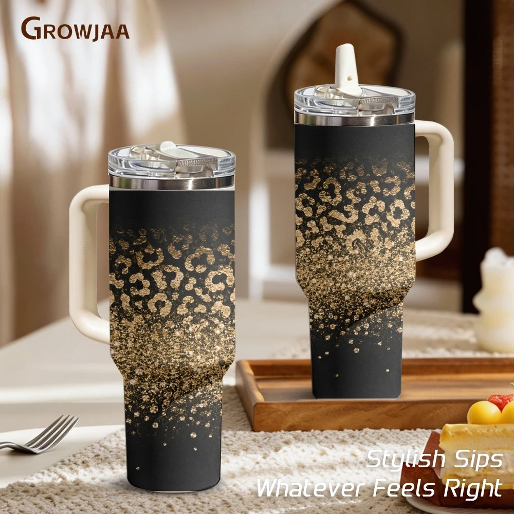 40oz Golden Glitter Leopard Print Tumbler | Insulated Travel Mug with Handle & Straw