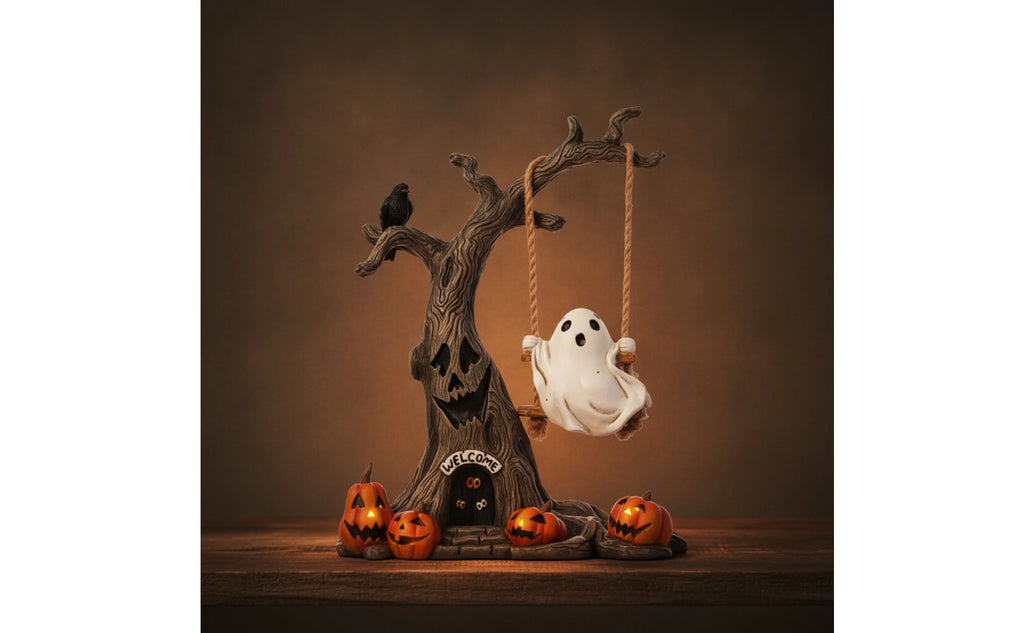 Halloween Haunted Tree with Swinging Ghost Figurine | Spooky Resin Tabletop Decor