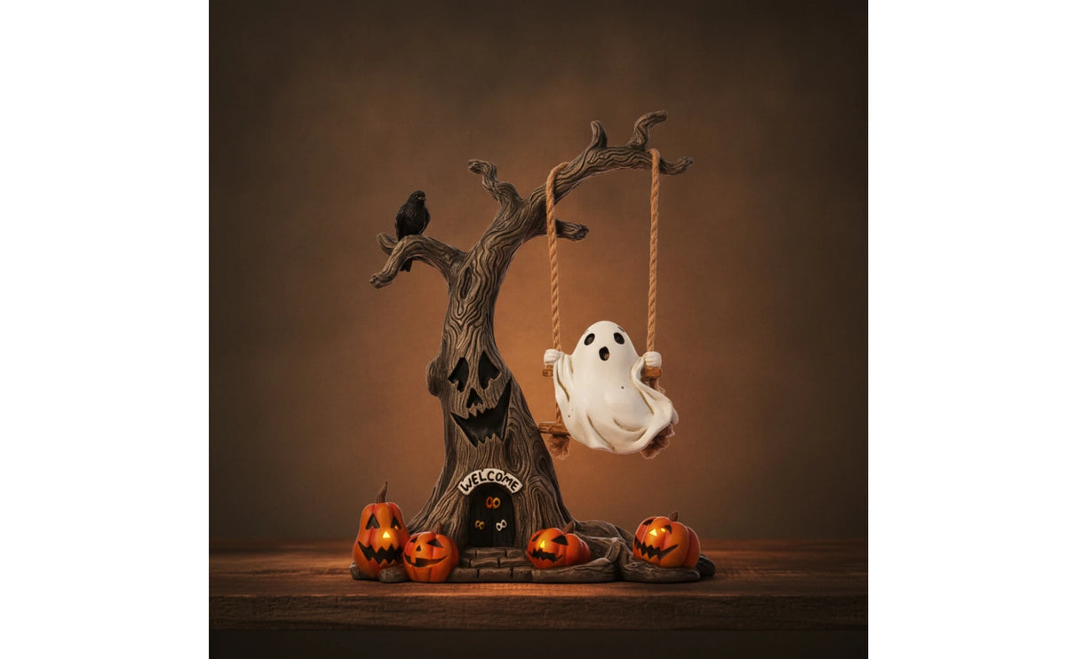 Halloween Haunted Tree with Swinging Ghost Figurine | Spooky Resin Tabletop Decor