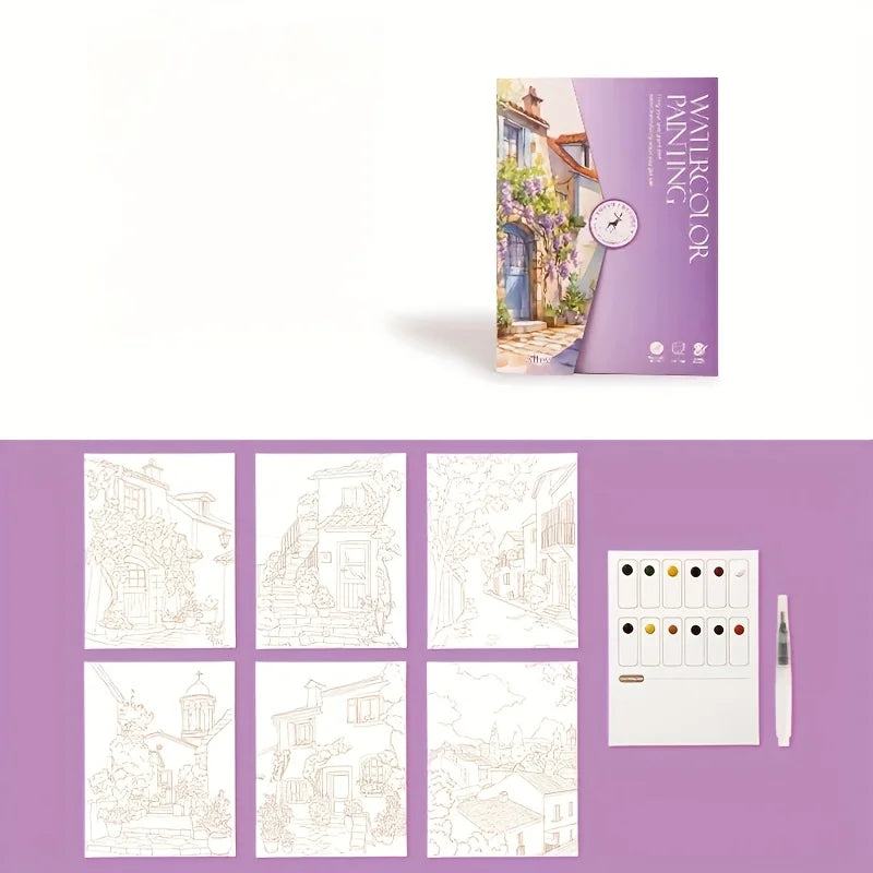 Adult Watercolor Coloring Book with Painting Tools | Landscape & Floral Patterns