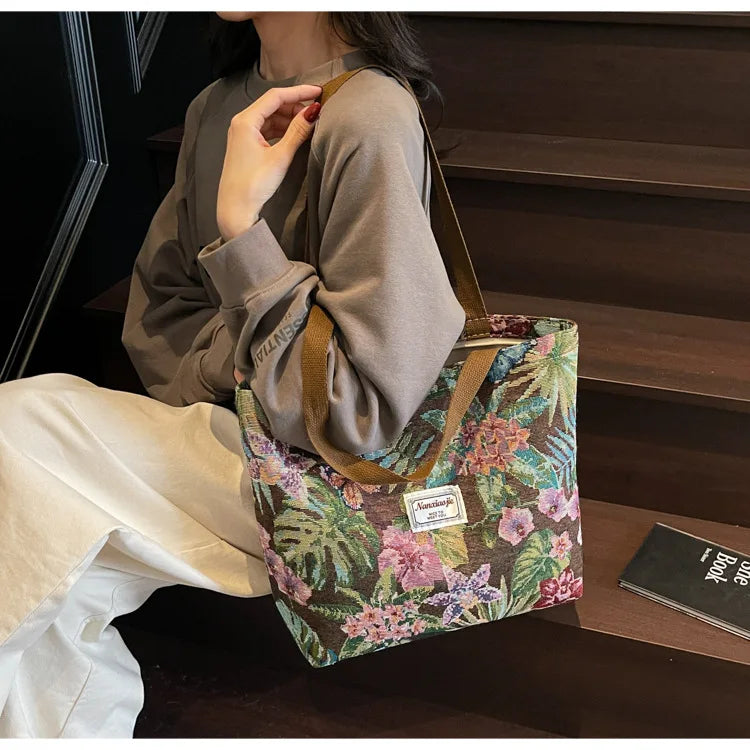 Floral Canvas Shoulder Tote | Four Colors & Two Sizes