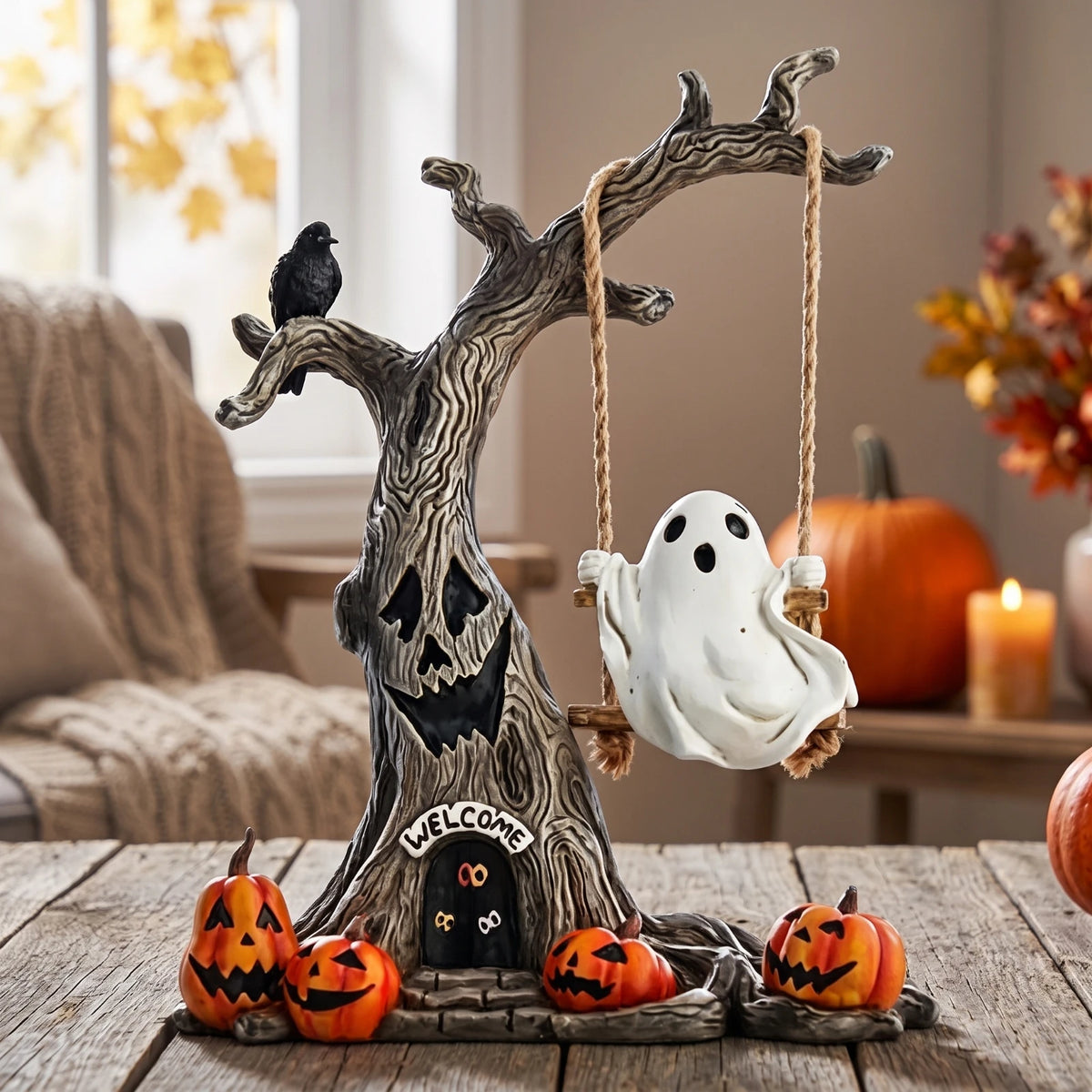Halloween Haunted Tree with Swinging Ghost Figurine | Spooky Resin Tabletop Decor