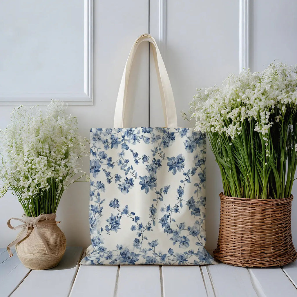 Blue Floral Canvas Tote Bag | Reusable Shopping & Travel Bag