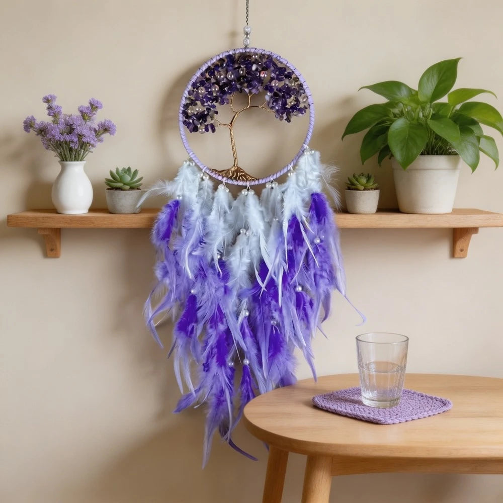 Crystal Tree of Life Dreamcatcher — Boho Feather Wall Hanging
