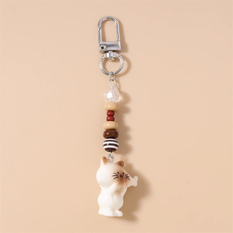 Handmade Cat Charm Keychain – Cute Animal Bead Keyring & Bag Pendant