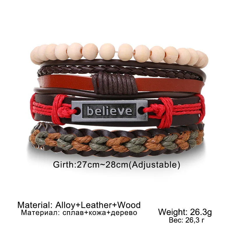 Boho Leather Wrap Bracelet Set — 4 Piece Layering Bracelet Gift Set