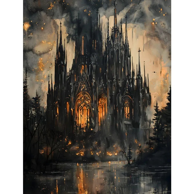Gothic Castle Wall Art | Dark Academia Crow, Owl & Wildflowers Canvas Print