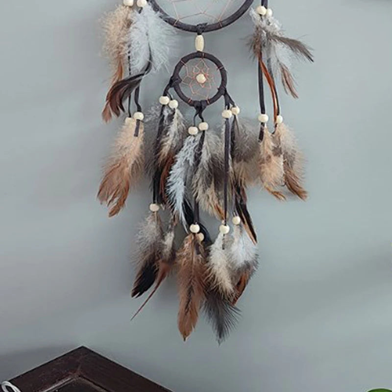 Boho Feather Dream Catcher – Handwoven Double-Ring Wall Hanging | Earth Tones