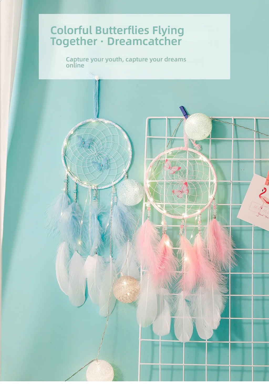 Butterfly & Feather Dreamcatcher | Pink or Blue, Optional Lights