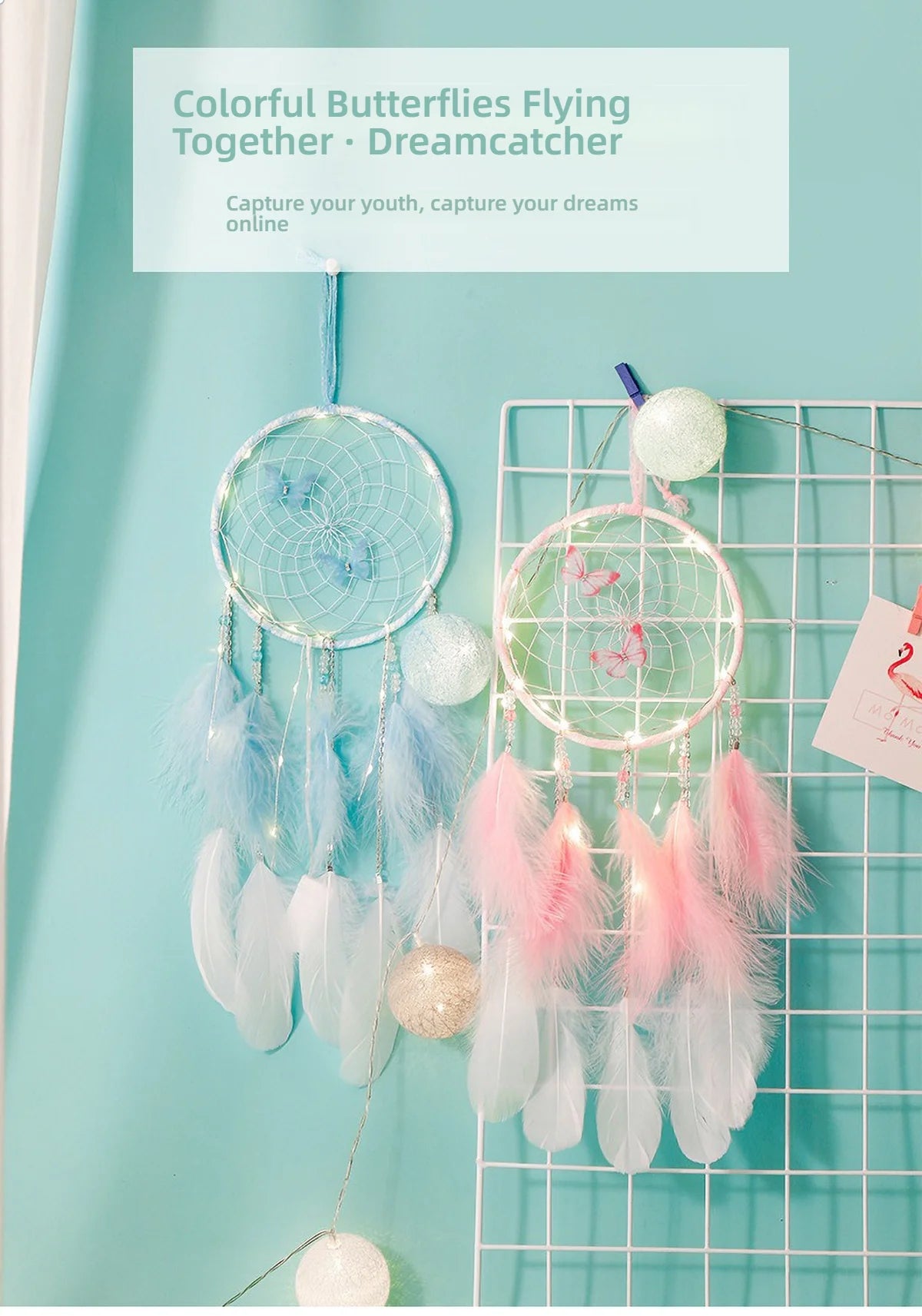 Butterfly & Feather Dreamcatcher | Pink or Blue, Optional Lights