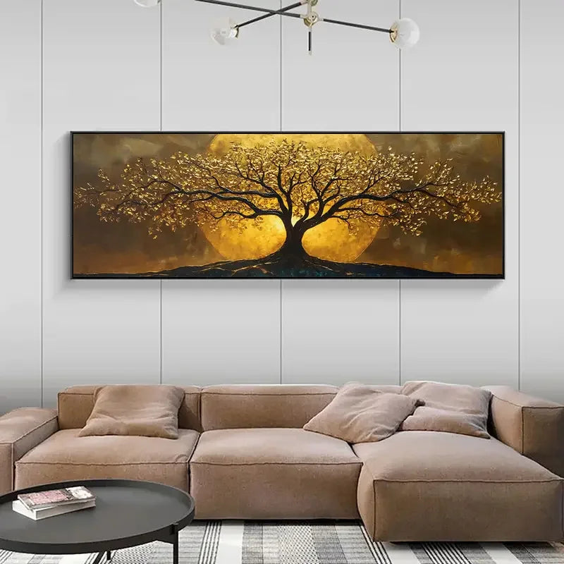 Golden Moon Tree Canvas Wall Art | Mystical Landscape Print for Living Room & Bedroom
