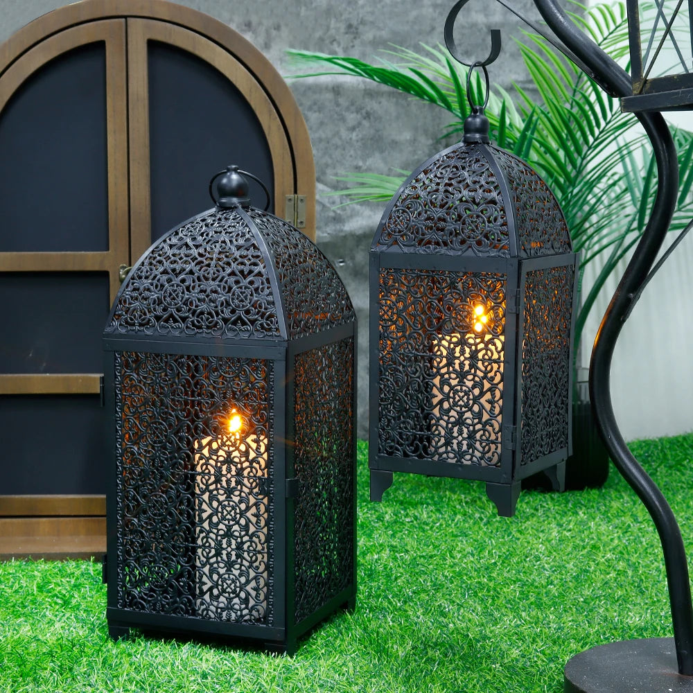 Black Metal Candle Lantern Set | Vintage Boho Candle Holders (Set of 2)