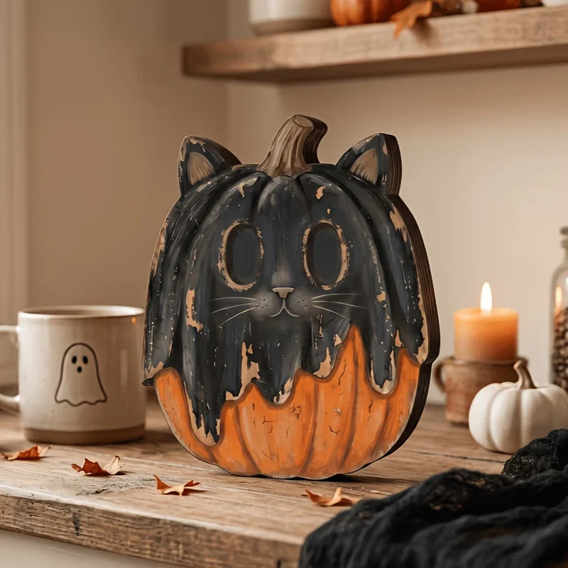 Halloween Retro Wooden Block Decor | Ghost, Black Cat, Pumpkin & Witch Figures