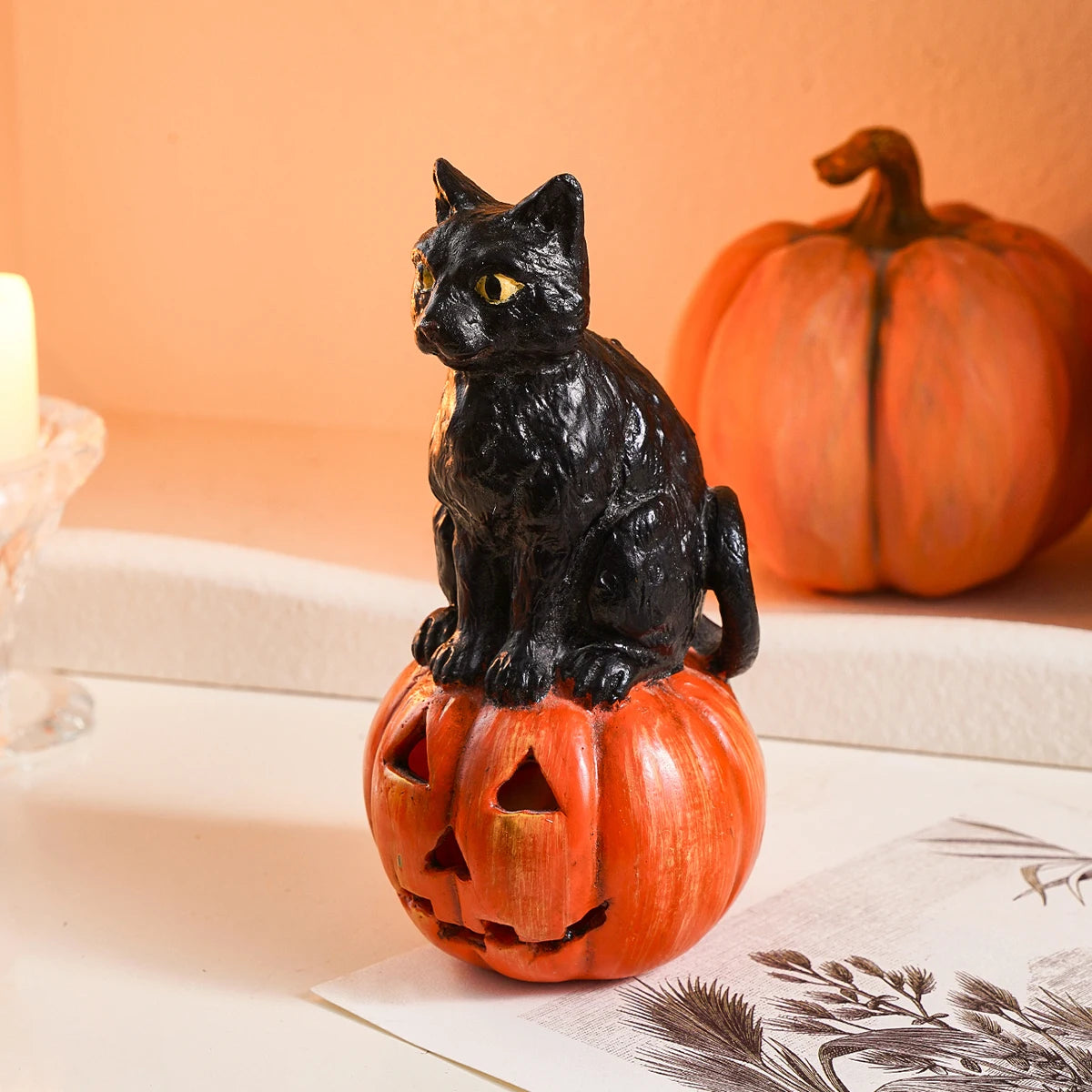 Black Cat Pumpkin Figurine | Halloween Resin Decor Ornament
